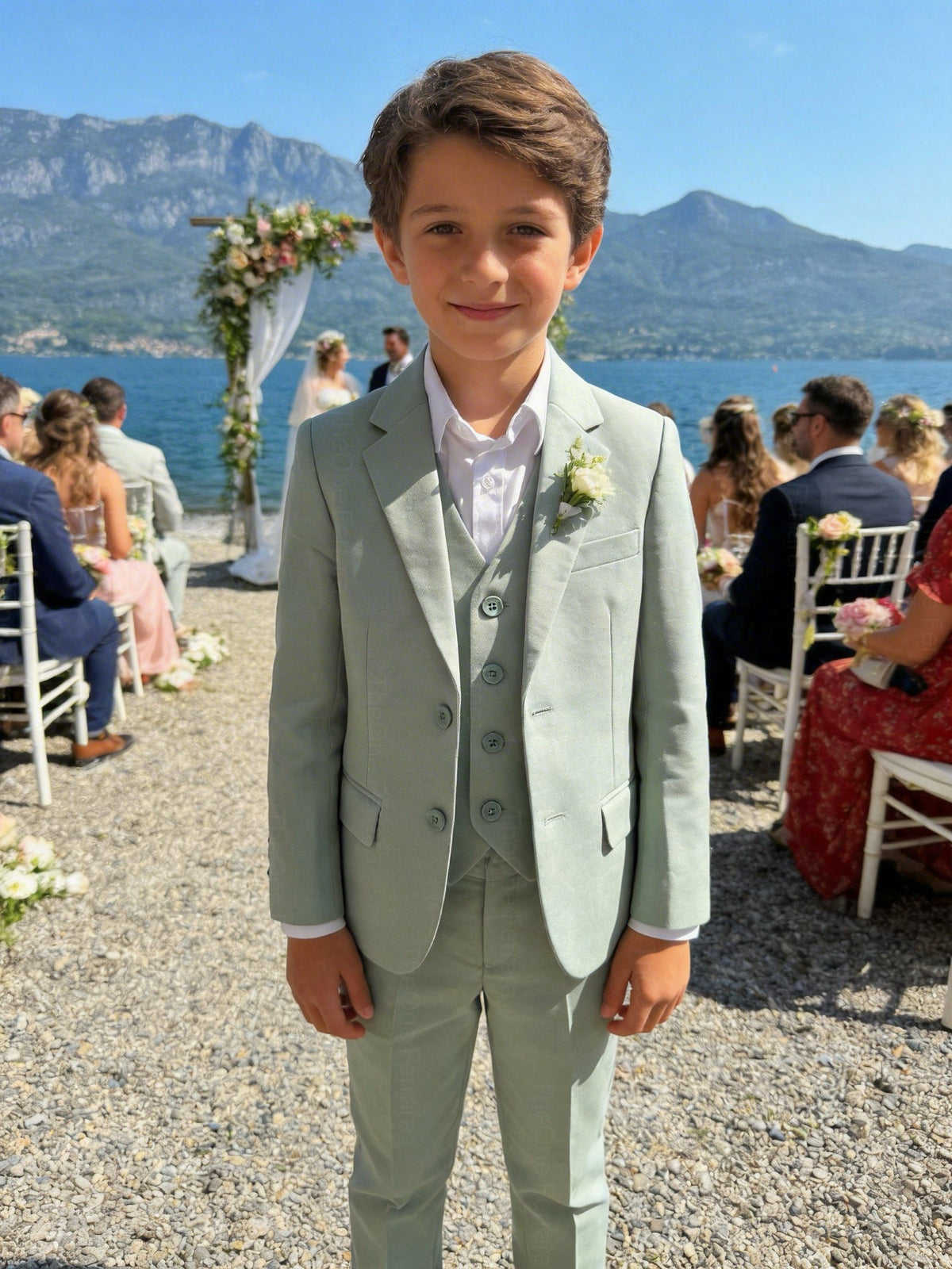 Completo Bambino Matrimonio Verde Salvia 5 Pezzi Elegante 1-16 Anni