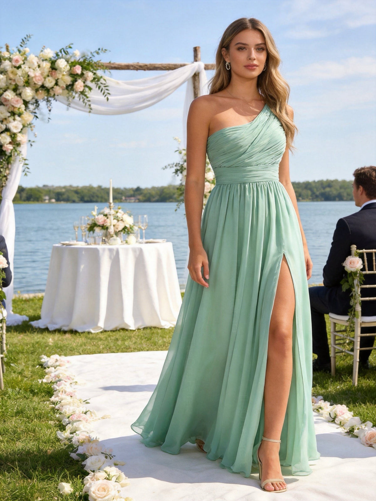 Abito Damigella Monospalla in Chiffon con Spacco Laterale