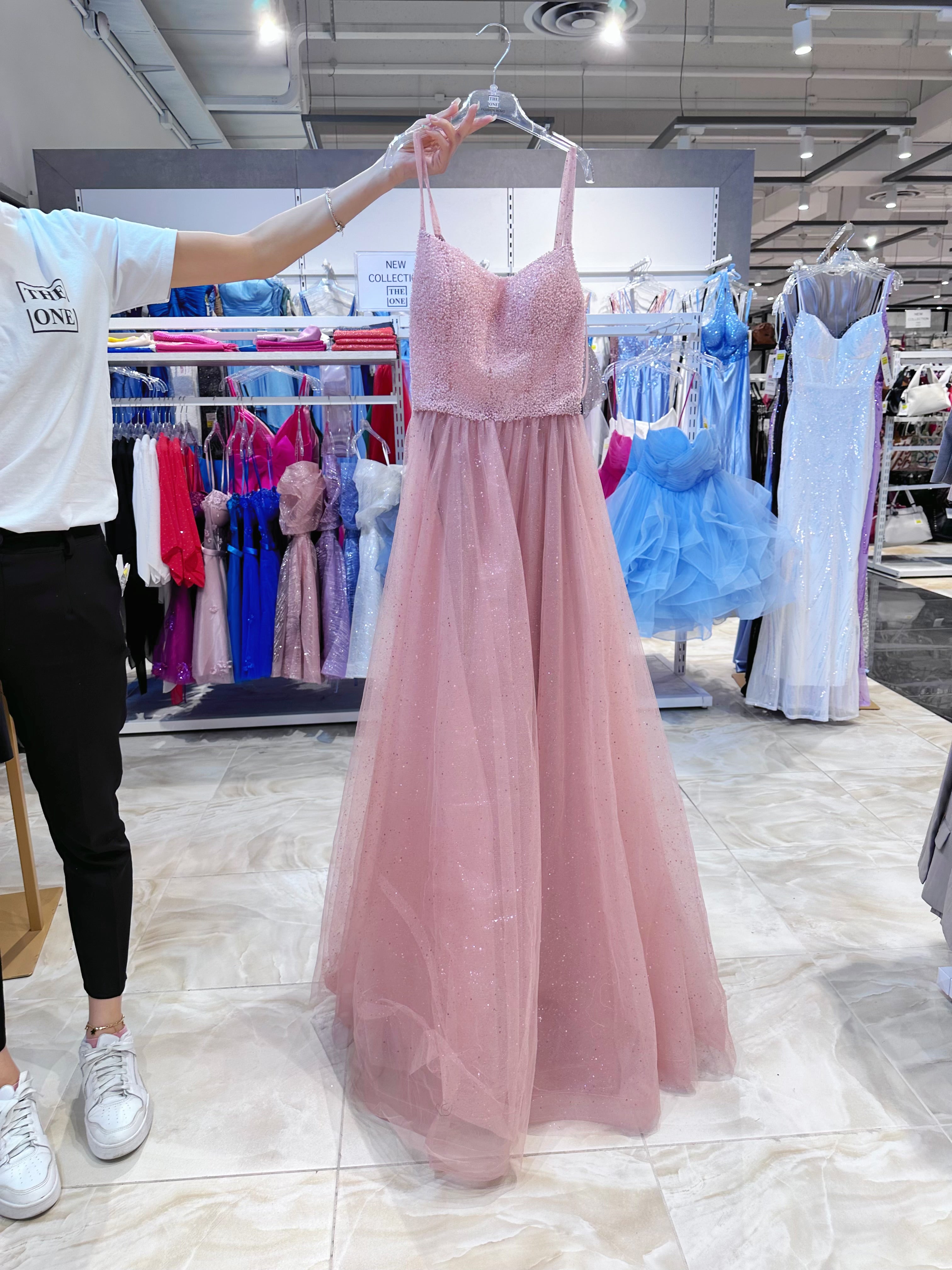 Abito da principessa blu con perline cucite a mano rosa antico