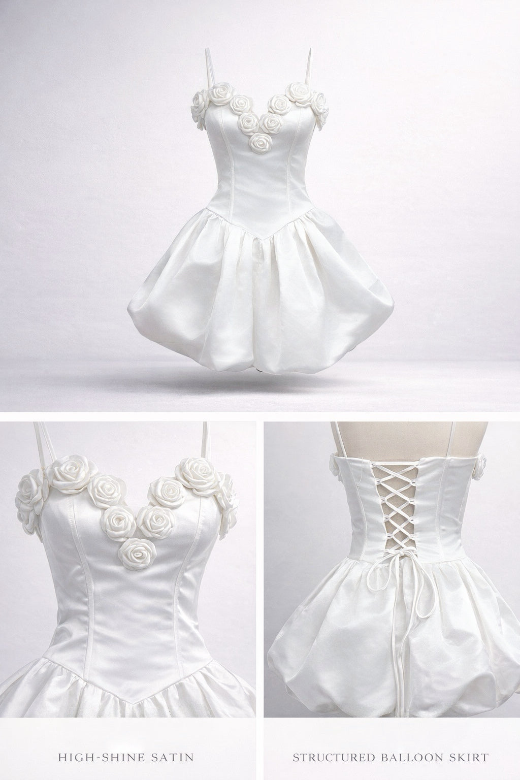 Abito Corto Bianco in Raso con Corsetto e Rose 3D – Gonna a Palloncino, Abito da Cocktail & Cerimonia 521688