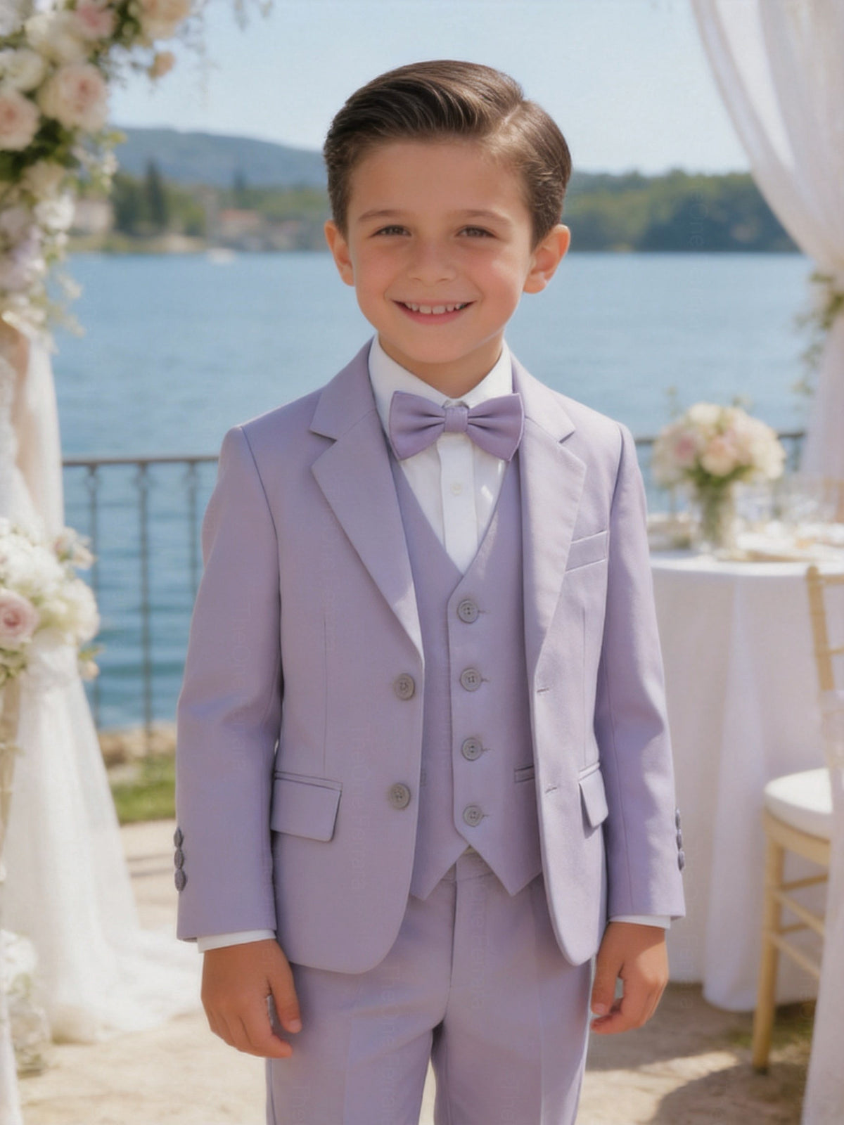 Completo Elegante Bambino Lilla 5 Pezzi con Giacca Gilet Pantaloni Camicia e Papillon