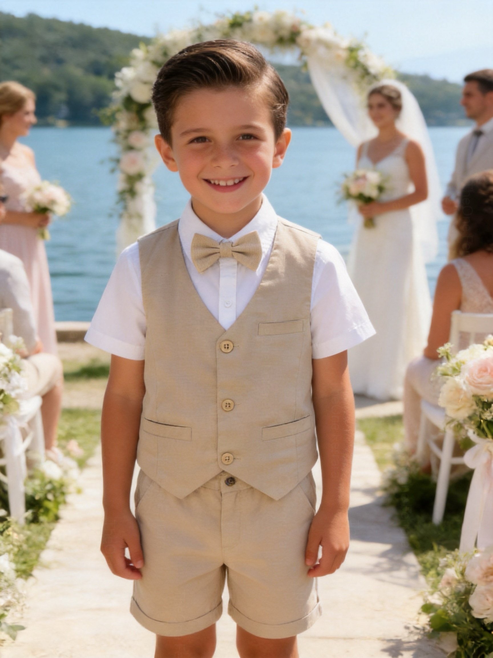 Completo Bambino Cerimonia con Gilet, Camicia e Pantaloncini | 4-14 Anni Beige
