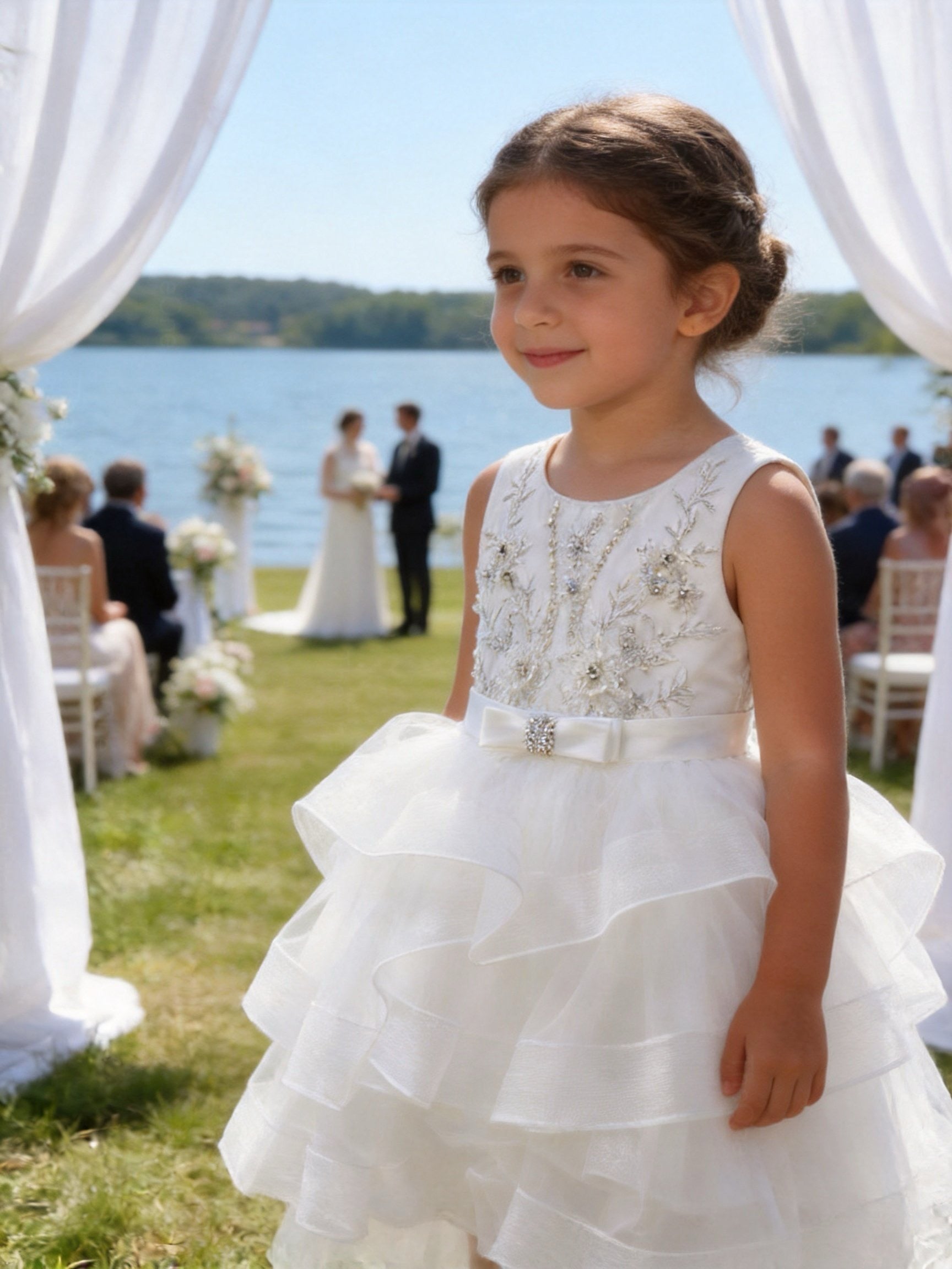 Vestito Cerimonia Bambina Bianco con Ricami e Gonna Volant in Tulle Bianco