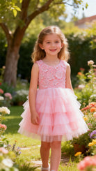 Abito Cerimonia Bambina Rosa Cipria con Tulle Multistrato e Dettagli Strass 2–14 Anni -TheOne