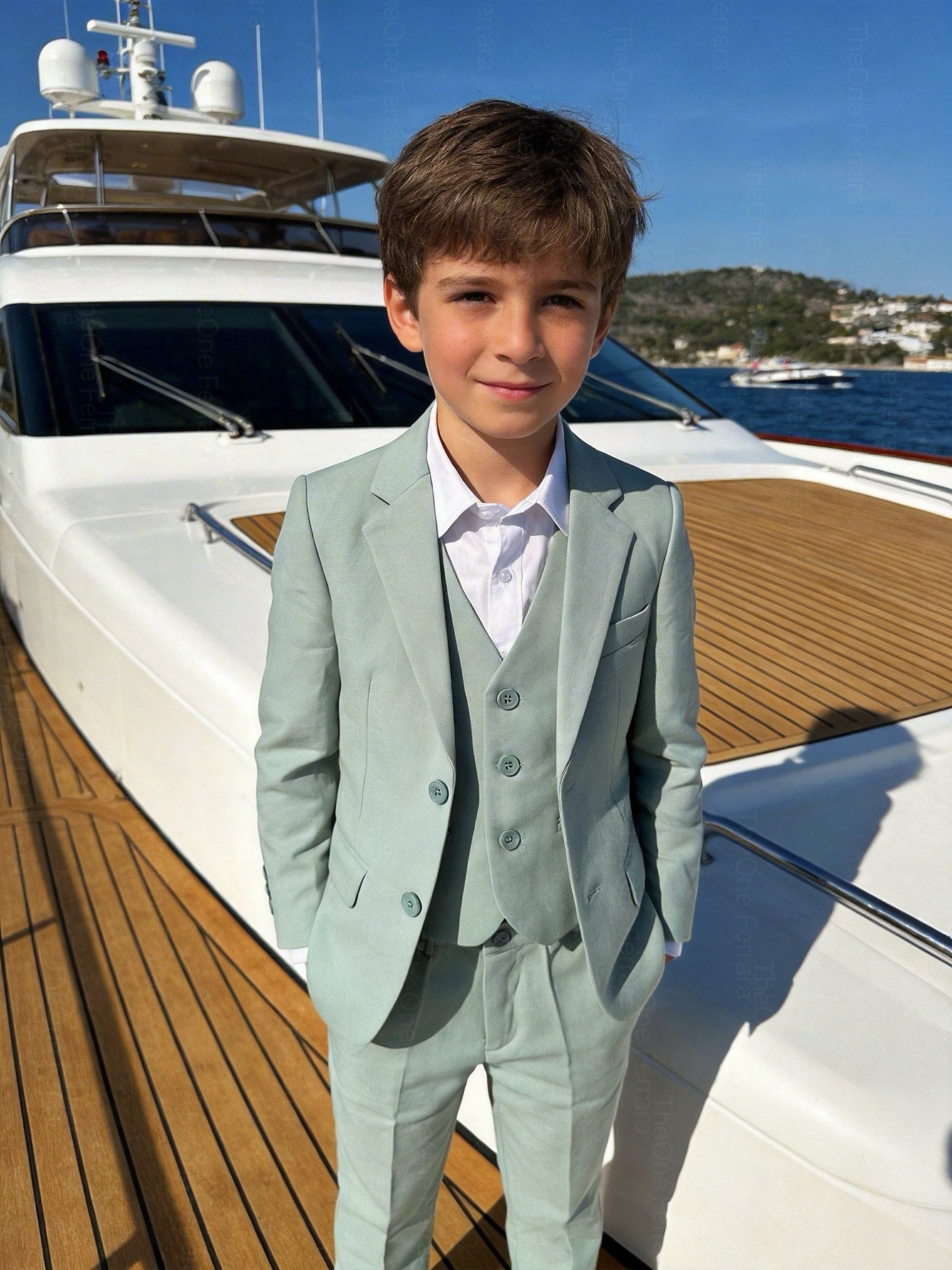 Completo Bambino Matrimonio Verde Salvia 5 Pezzi Elegante 1-16 Anni