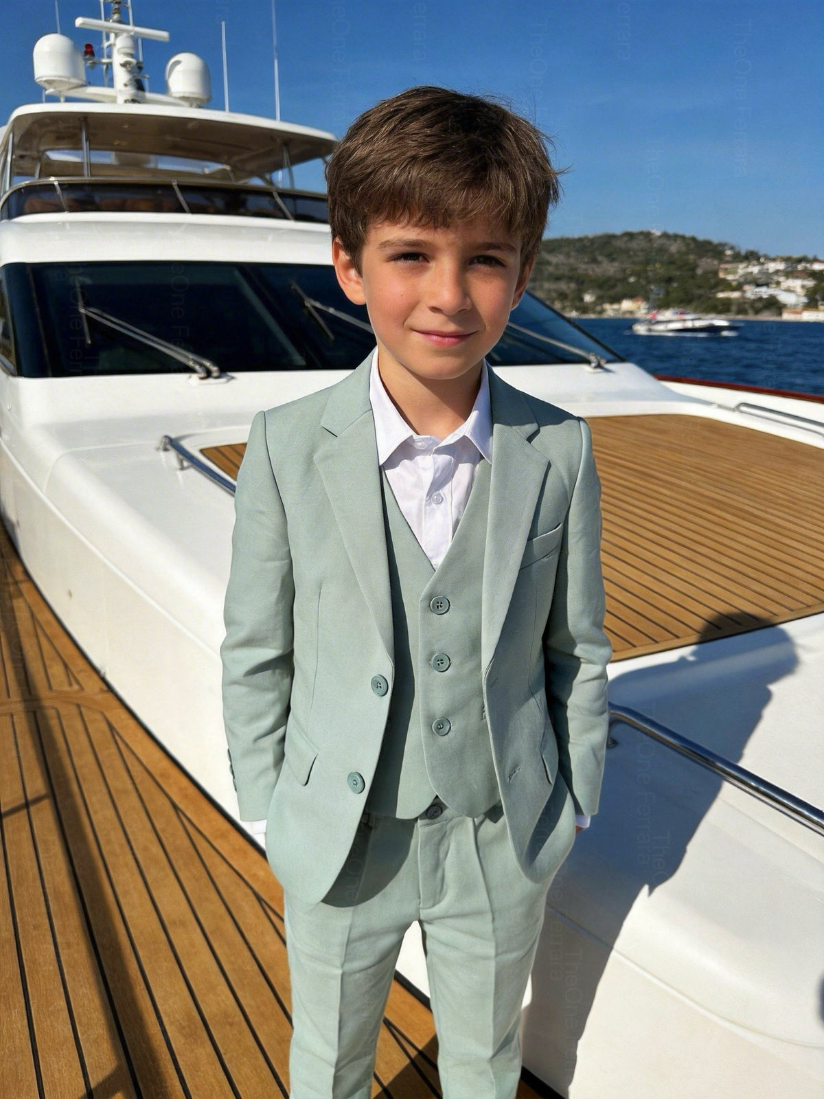 Completo Bambino Matrimonio Verde Salvia 5 Pezzi Elegante 1-16 Anni