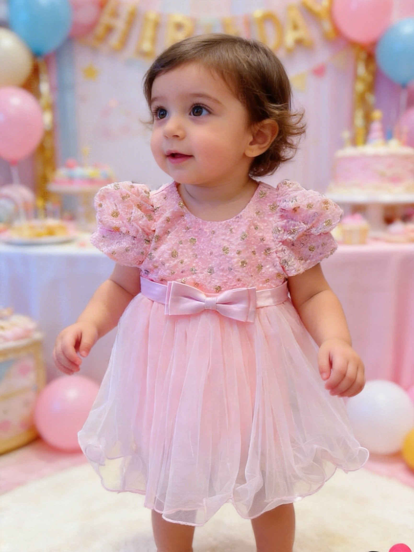 Vestito rosa bambina con maniche a sbuffo 6M–36M Compleanno, Battesimo, Damigella