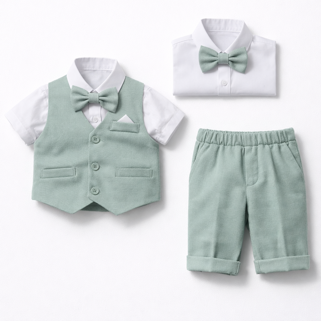 Completo Elegante Bambino Estivo 4 Pezzi con Pantaloncini Abito Cerimonia Matrimonio 1-8 Anni verde salvia 8 Anni