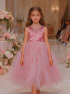 Abito Cerimonia Bambina Elegante in Tulle con Scollo Gioiello – 2-14 Anni – Rosa | Bianco | Bordeaux | Rosa Cipria – 2045 Oro rosato 2Anni