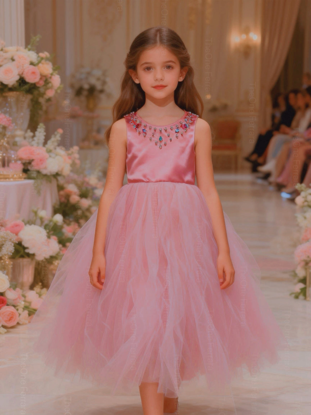 Abito Cerimonia Bambina Elegante in Tulle con Scollo Gioiello – 2-14 Anni – Rosa | Bianco | Bordeaux | Rosa Cipria – 2045 Oro rosato 2Anni