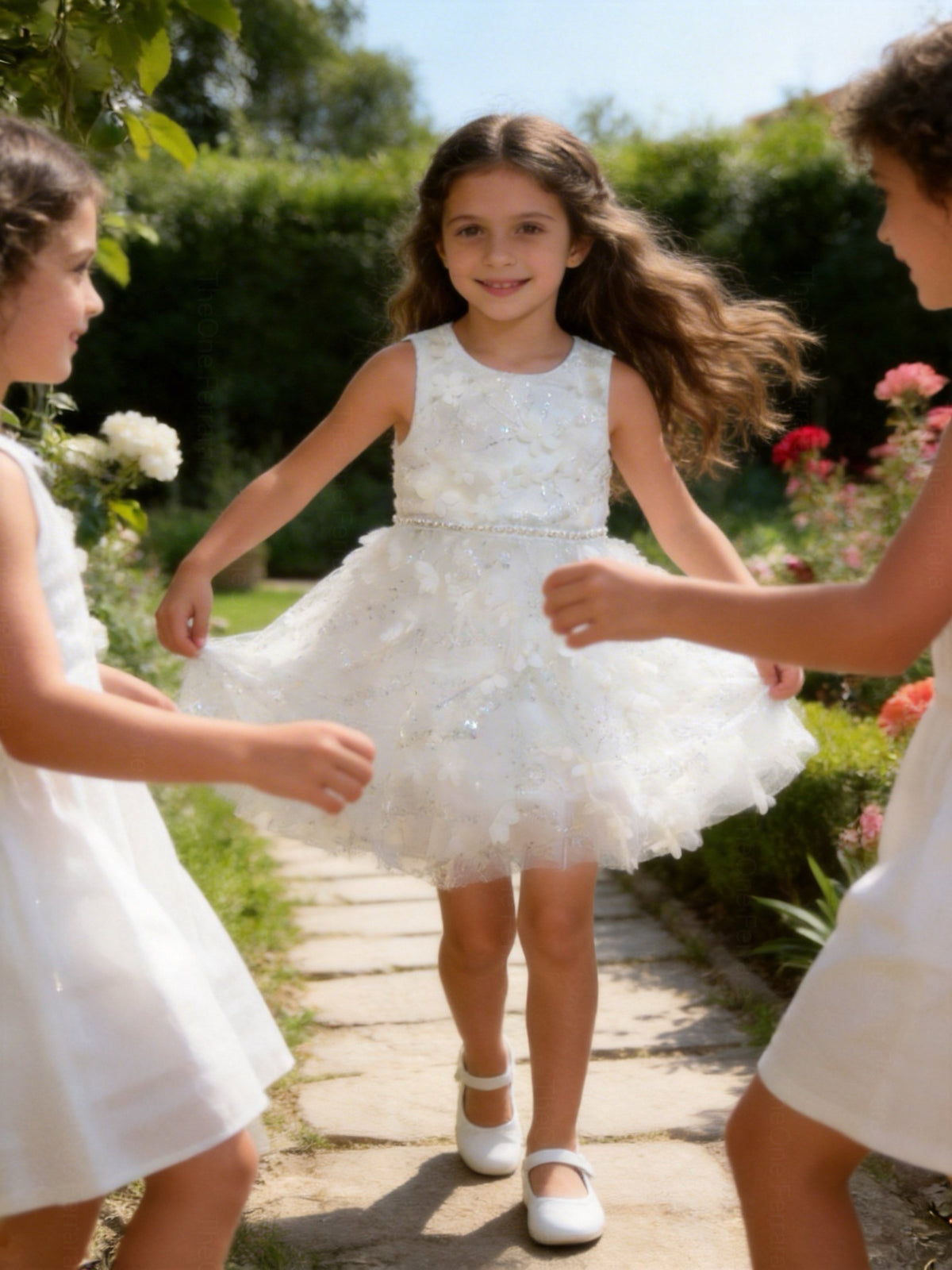 Abito da Cerimonia Bambina 2-12 Anni Elegante – Vestito con Fiori 3D e Gonna in Tulle per Matrimonio, Battesimo e Compleanno 716