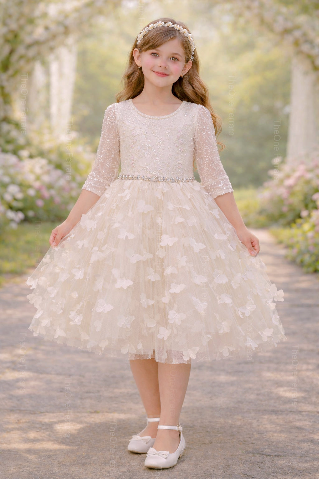 Abito Comunione Bambina Champagne in Tulle con Paillettes – 2–16 Anni- 8541 -TheOne