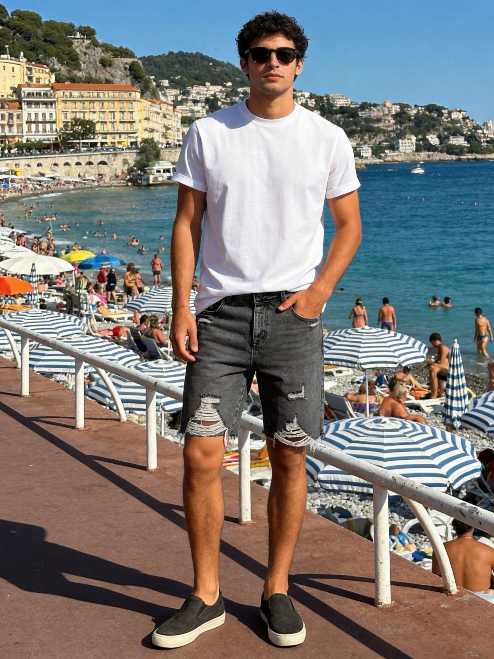 Bermuda Uomo Denim Strappato Slim Fit Effetto Used Streetwear Estate