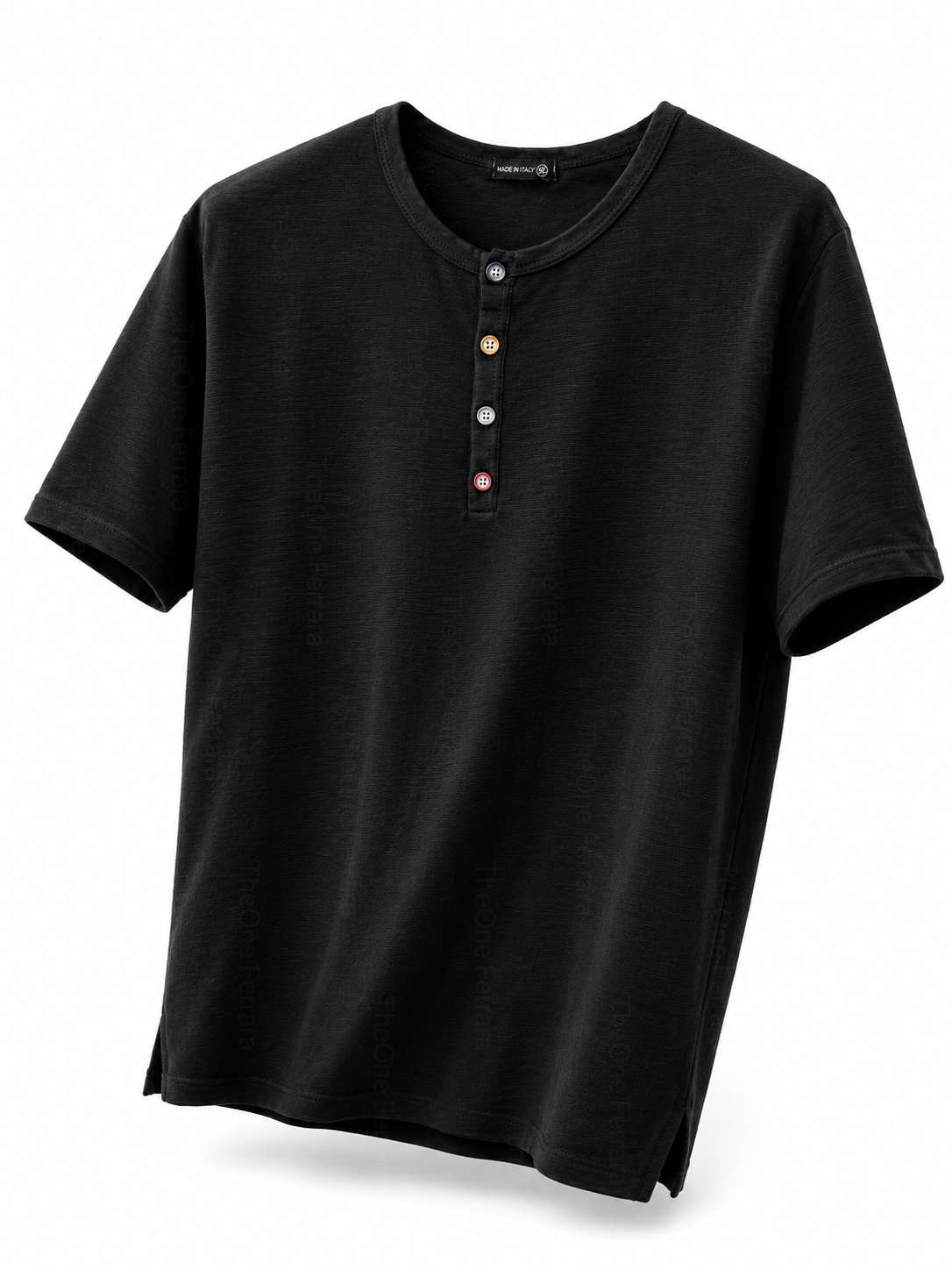 Maglia Uomo Henley 100% Cotone Made in Italy Manica Corta S-3XL Nero
