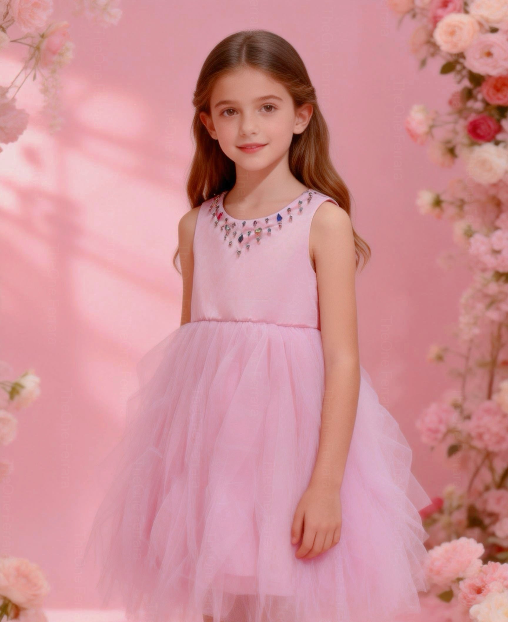 Abito Cerimonia Bambina Elegante in Tulle con Scollo Gioiello – 2-14 Anni – Rosa | Bianco | Bordeaux | Rosa Cipria – 2045