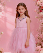 Abito Cerimonia Bambina Elegante in Tulle con Scollo Gioiello – 2-14 Anni – Rosa | Bianco | Bordeaux | Rosa Cipria – 2045