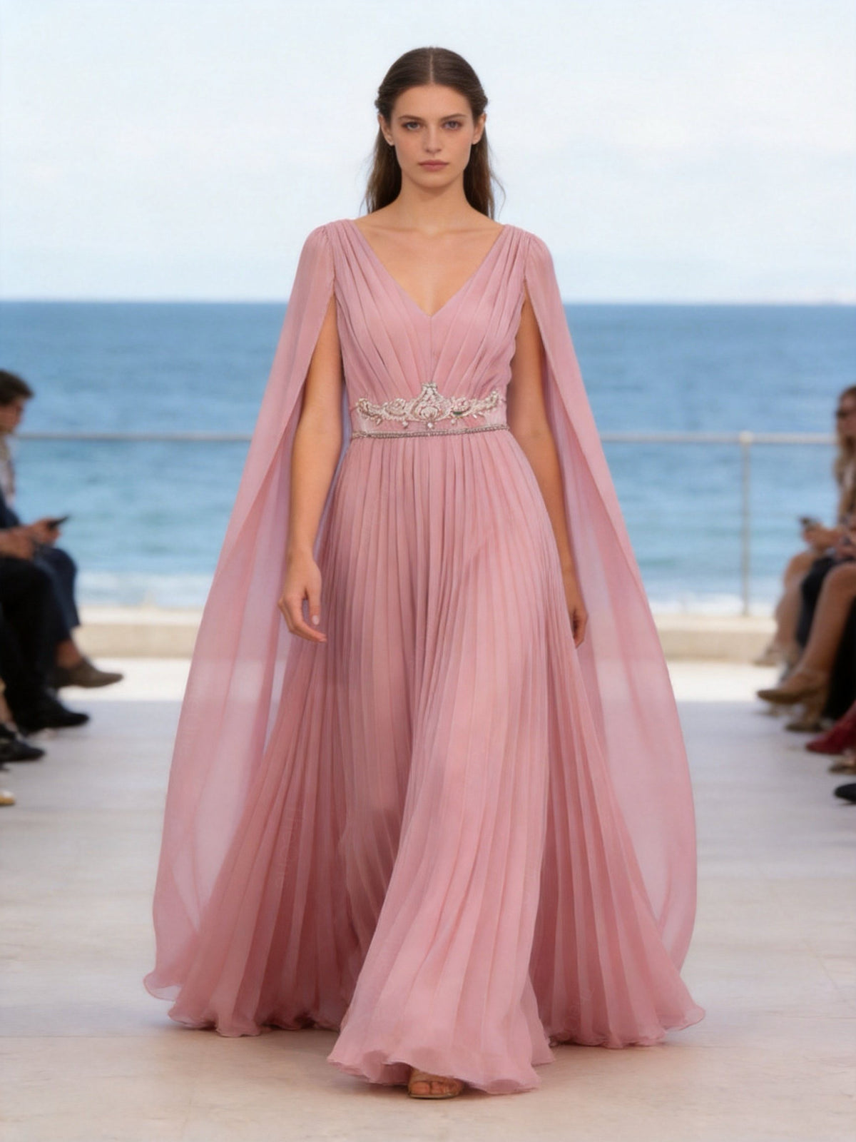 Abito Elegante Lungo in Chiffon con Mantella e Ricami Rosa