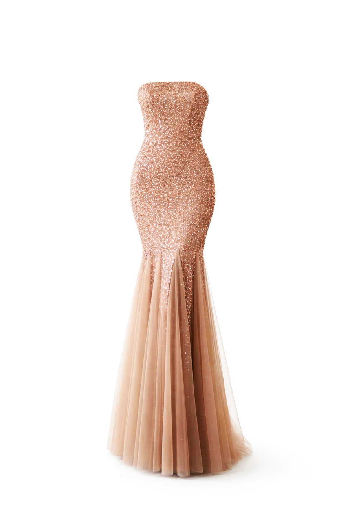 Abito da Sera Champagne con Paillettes – Vestito Lungo Sirena Elegante Senza Spalline 517039