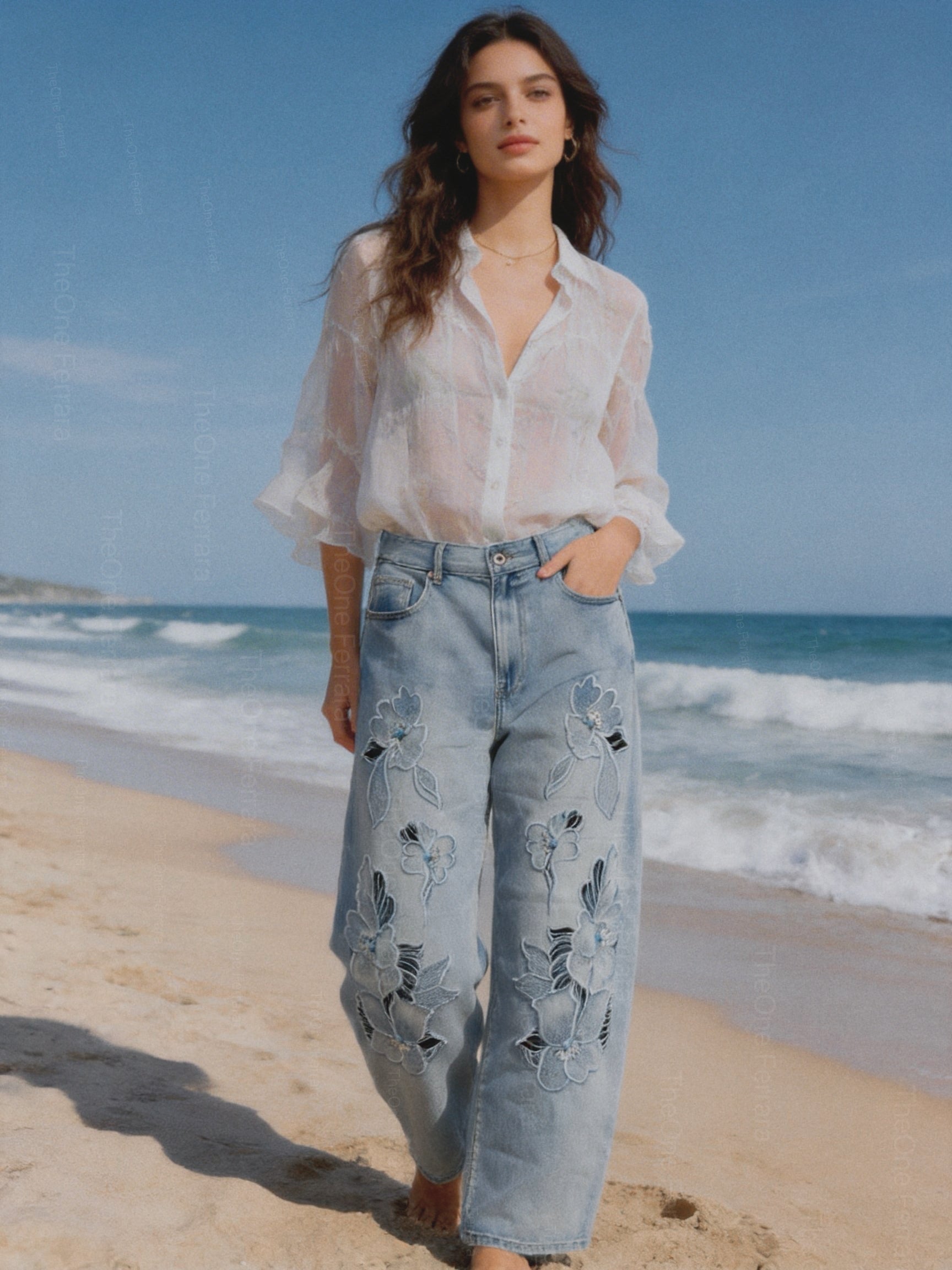 Jeans Donna Wide Leg Ricamati – Pantaloni Denim Morbidi a Gamba Larga 2068