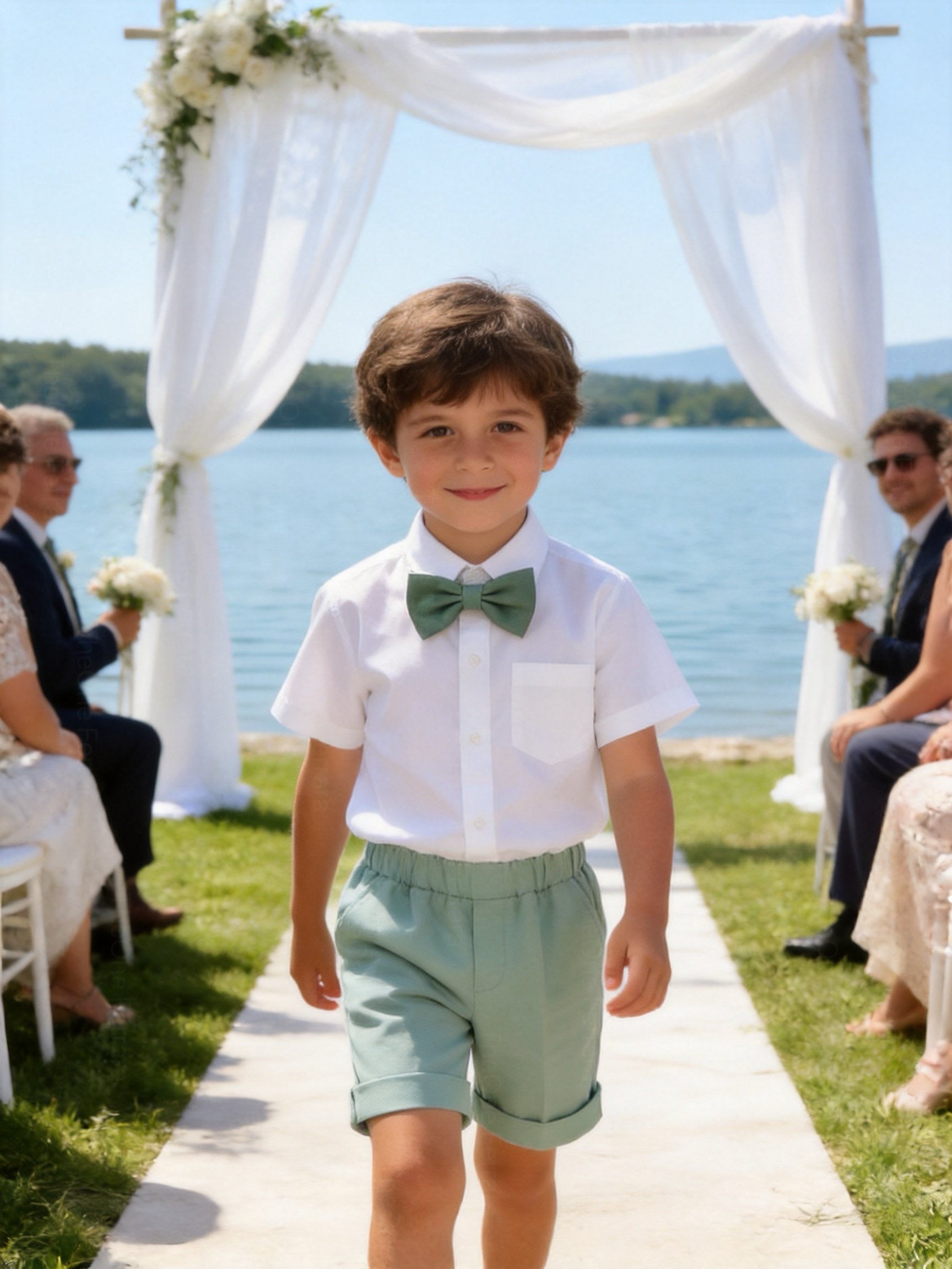 Completo Elegante Bambino Verde Salvia 4 Pezzi con Giacca Shorts Camicia e Papillong 4-10Anni