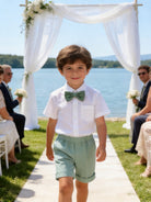 Completo Elegante Bambino Verde Salvia 4 Pezzi con Giacca Shorts Camicia e Papillong 4-10Anni