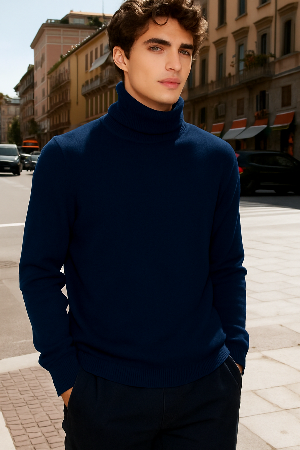 Maglione Uomo Dolcevita Classico - Doppio Collo Alto Maglia Fine Elegantec t-003 Blue notte