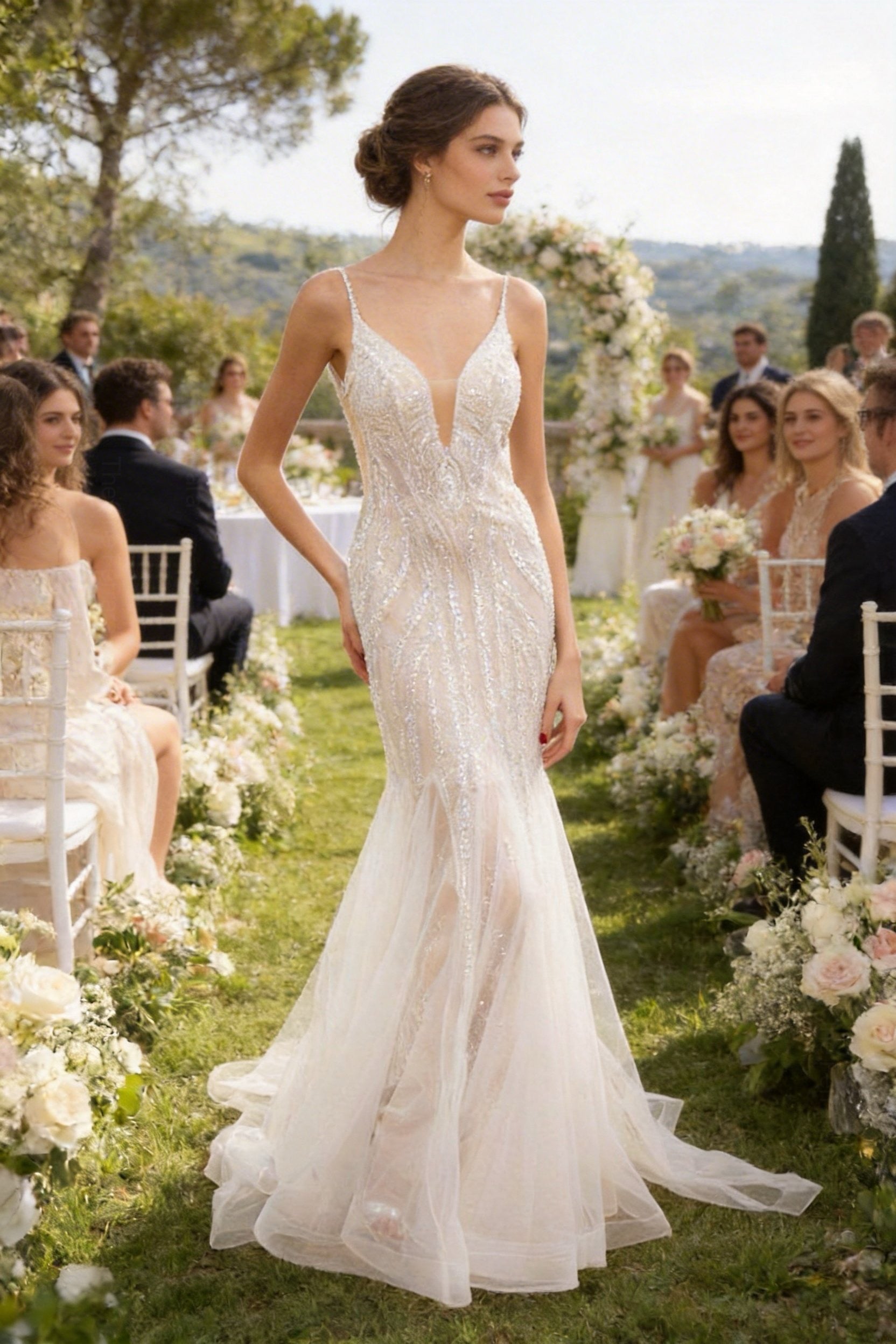 Abito da Sposa Sirena con Paillettes e Tulle – Vestito da Sposa Elegante con Scollatura Profonda e Schiena Scoperta 851016
