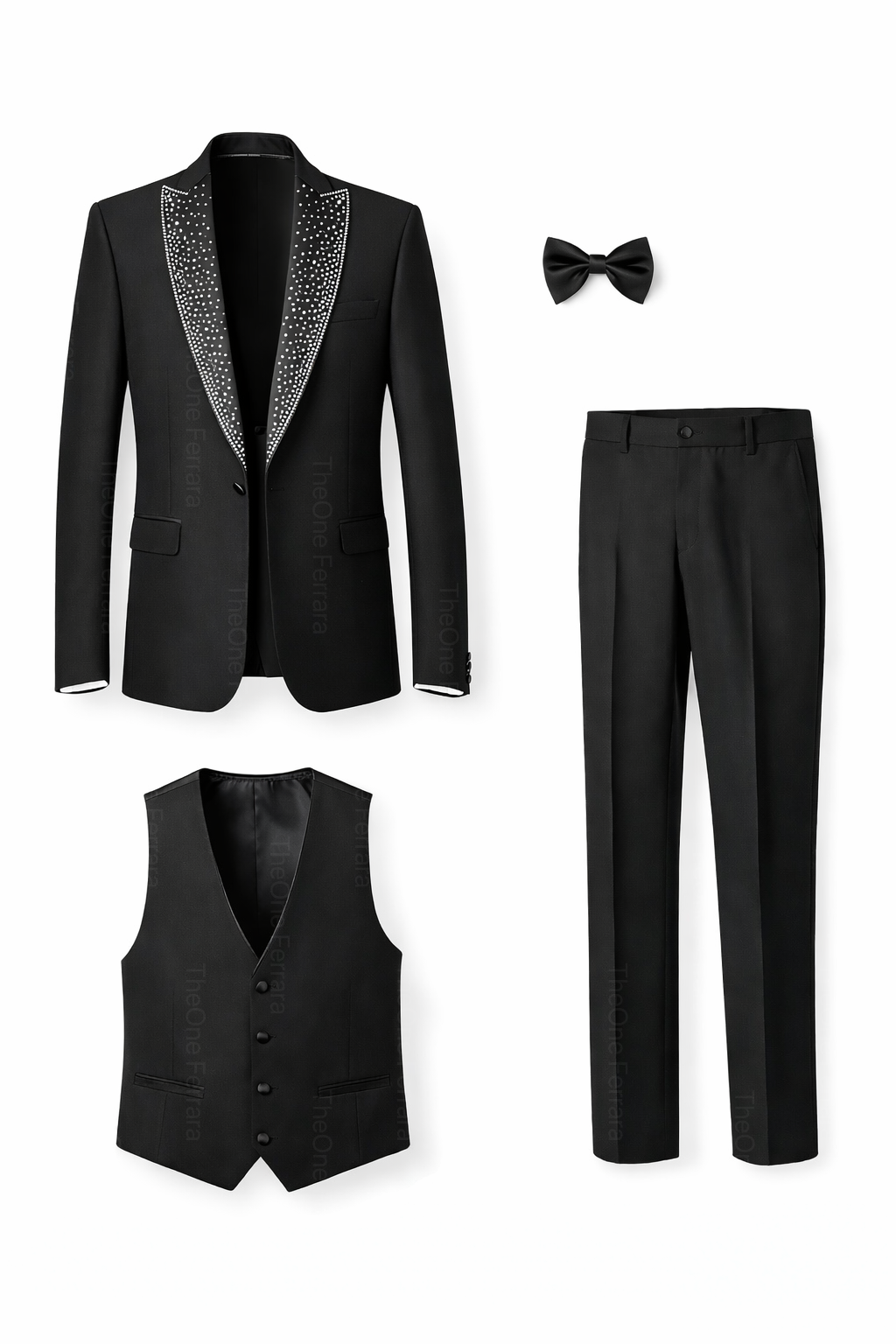 Smoking Uomo Nero 4 Pezzi (Giacca 1 Bottone + Gilet + Pantaloni + Papillon) – Slim Fit 300-1-TheOne Ferrara Nero