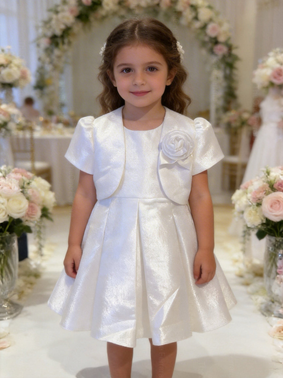 Abito Cerimonia Bambina con Bolero e Fiore – Vestito Elegante Rosa Cipria in Tessuto Strutturato Luminoso per Comunione, Matrimonio e Festa 1-6 anni