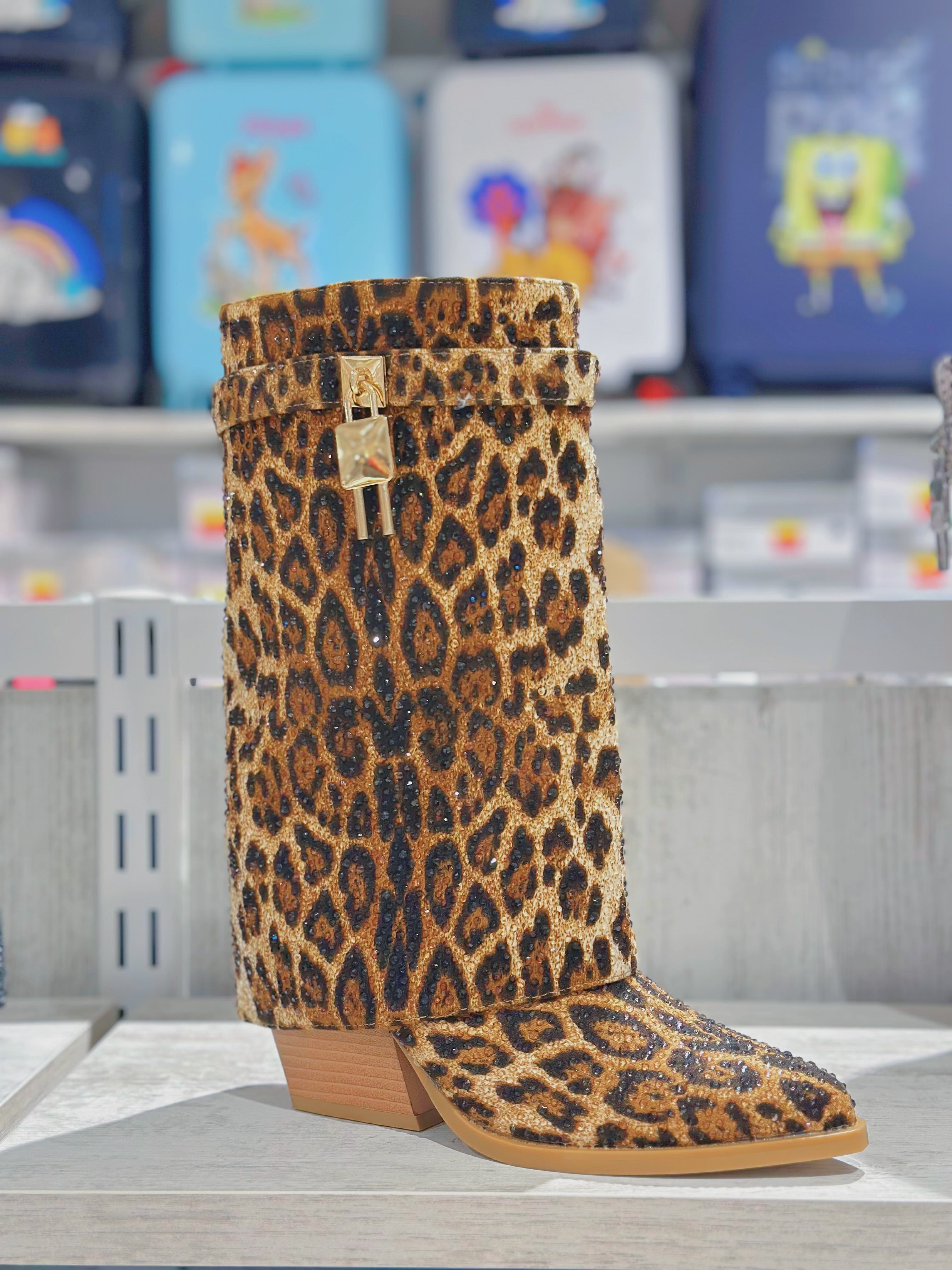 Stivaletti leopardati da donna con paillettes – Tacco largo, perfetti per party e street style-FK5（7cm） leopardati