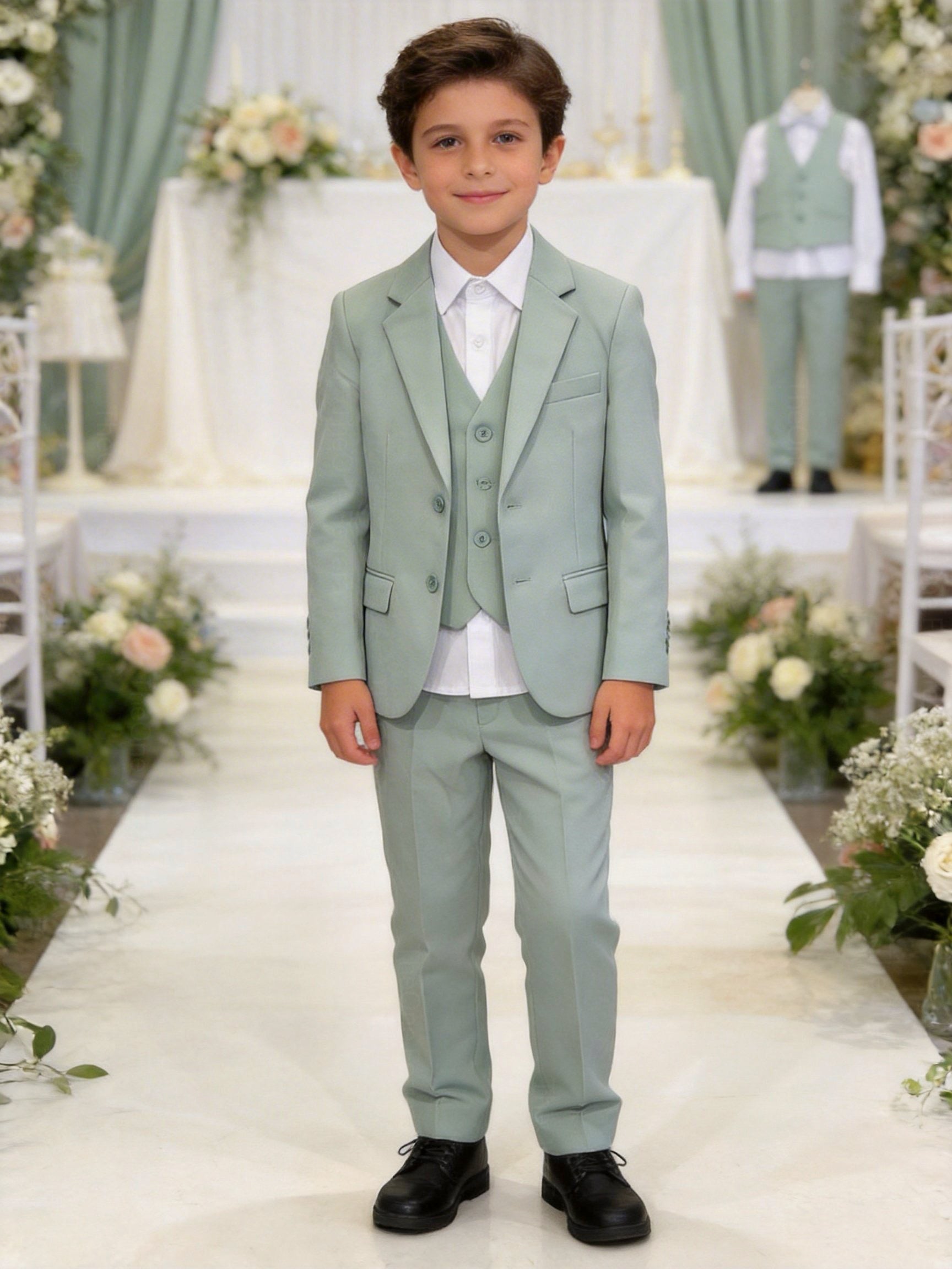 Completo Bambino Matrimonio Verde Salvia 5 Pezzi Elegante 1-16 Anni