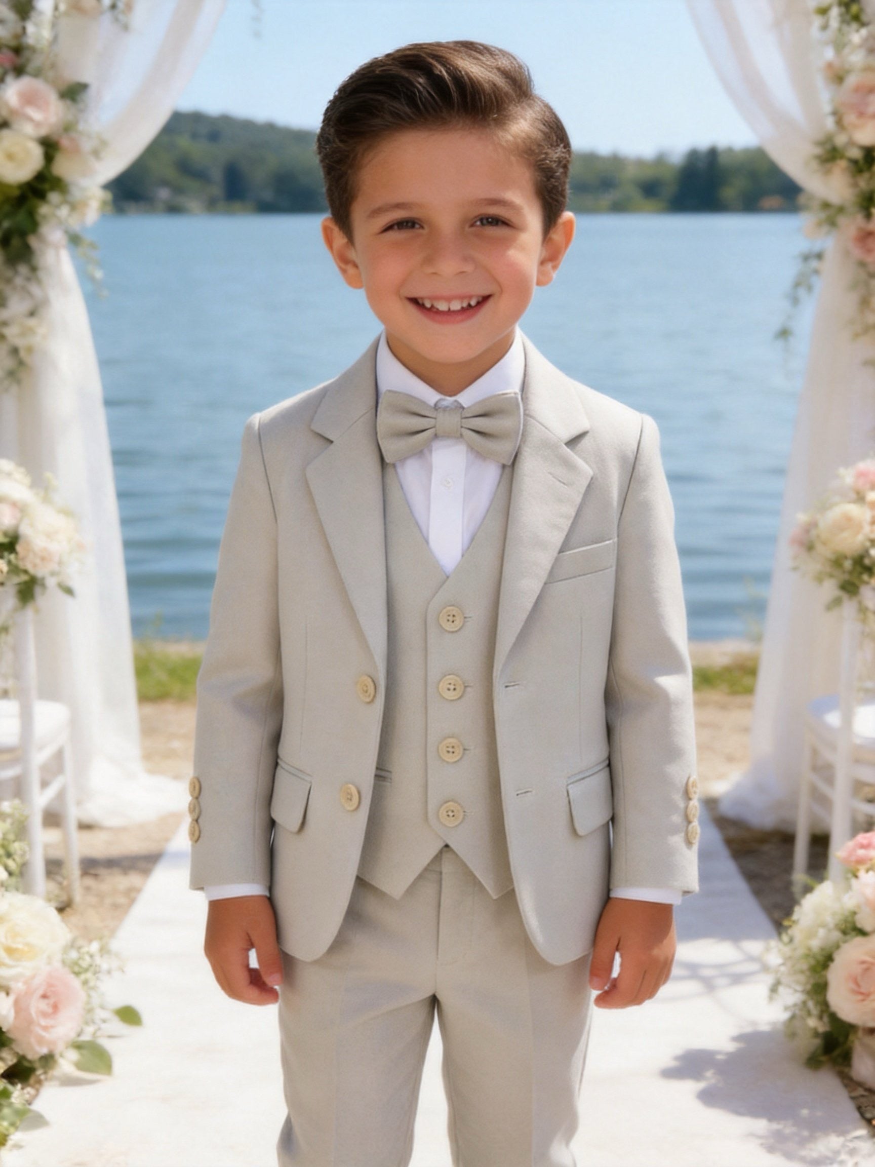 Completo Elegante Bambino Beige 5 Pezzi con Giacca Gilet Pantaloni Camicia e Papillony Beige Chiaro 1 Anni