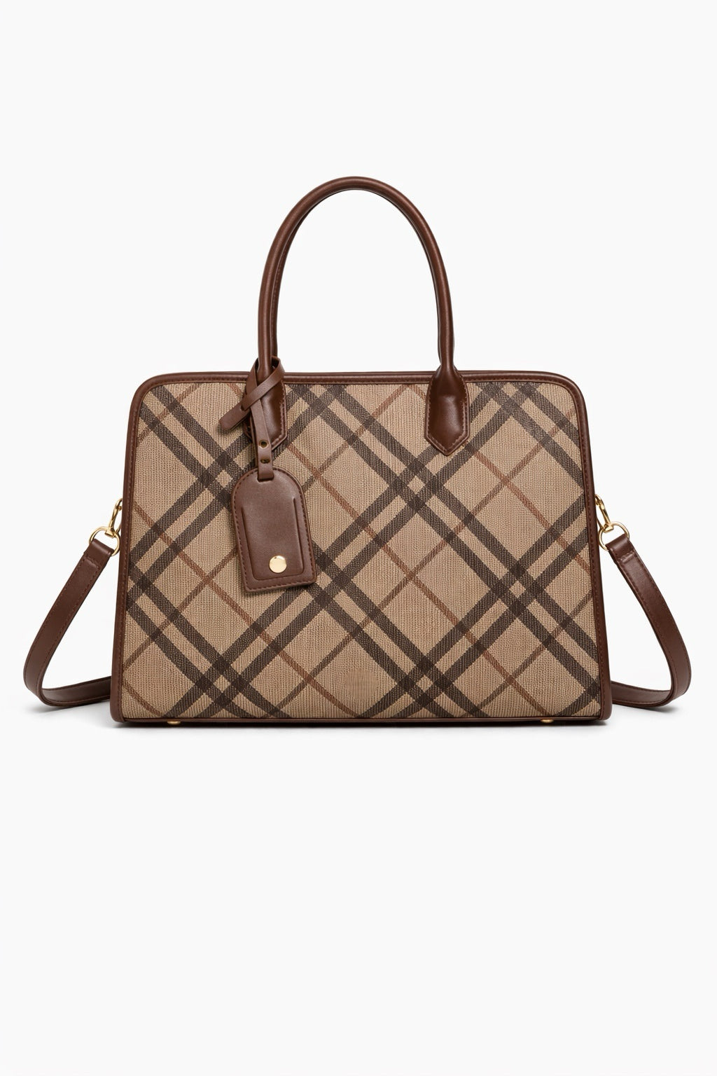 Borsa Donna Elegante a Quadri 34cm – Shopper Strutturata con Tracolla | Borsa Lavoro Chic 5635 brown 34X24X12cm
