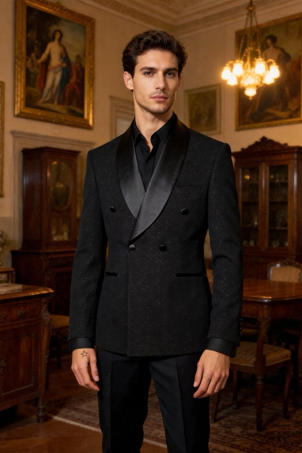Smoking Uomo Doppiopetto Nero – Rever a Scialle in Raso, Effetto Glitter | Set 2 Pezzi Giacca + Pantaloni-DLC8360-31-TheOne Ferrara