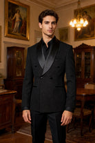 Smoking Uomo Doppiopetto Nero – Rever a Scialle in Raso, Effetto Glitter | Set 2 Pezzi Giacca + Pantaloni-DLC8360-31-TheOne Ferrara