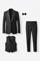 Smoking Uomo Nero 4 Pezzi con Rever Effetto Strass – Giacca 1 Bottone + Gilet Doppiopetto + Pantaloni + Papillon -Slim Fit Drop 6 -400-1-TheOne Ferrara Nero