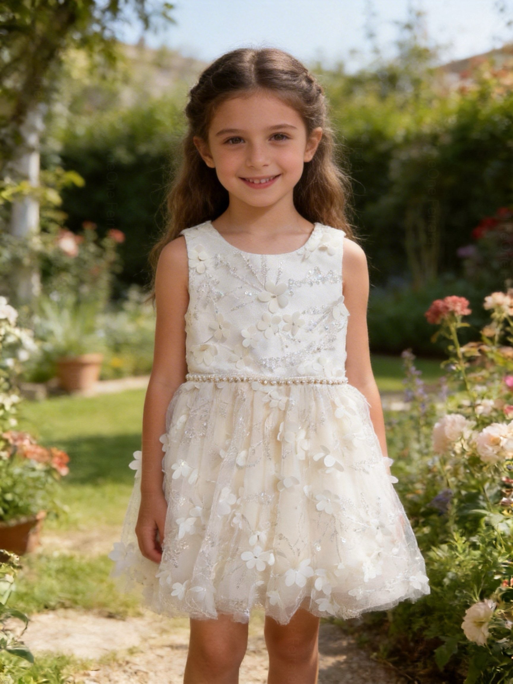 Abito da Cerimonia Bambina 2-12 Anni Elegante – Vestito con Fiori 3D e Gonna in Tulle per Matrimonio, Battesimo e Compleanno 716