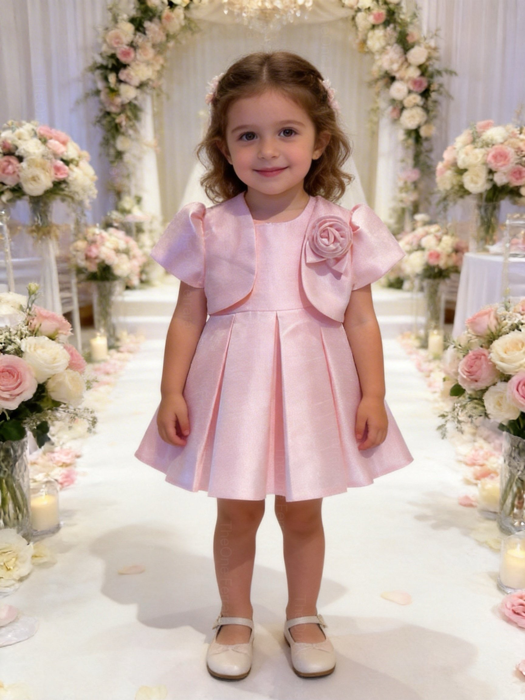 Abito Cerimonia Bambina con Bolero e Fiore – Vestito Elegante Rosa Cipria in Tessuto Strutturato Luminoso per Comunione, Matrimonio e Festa 1-6 anni