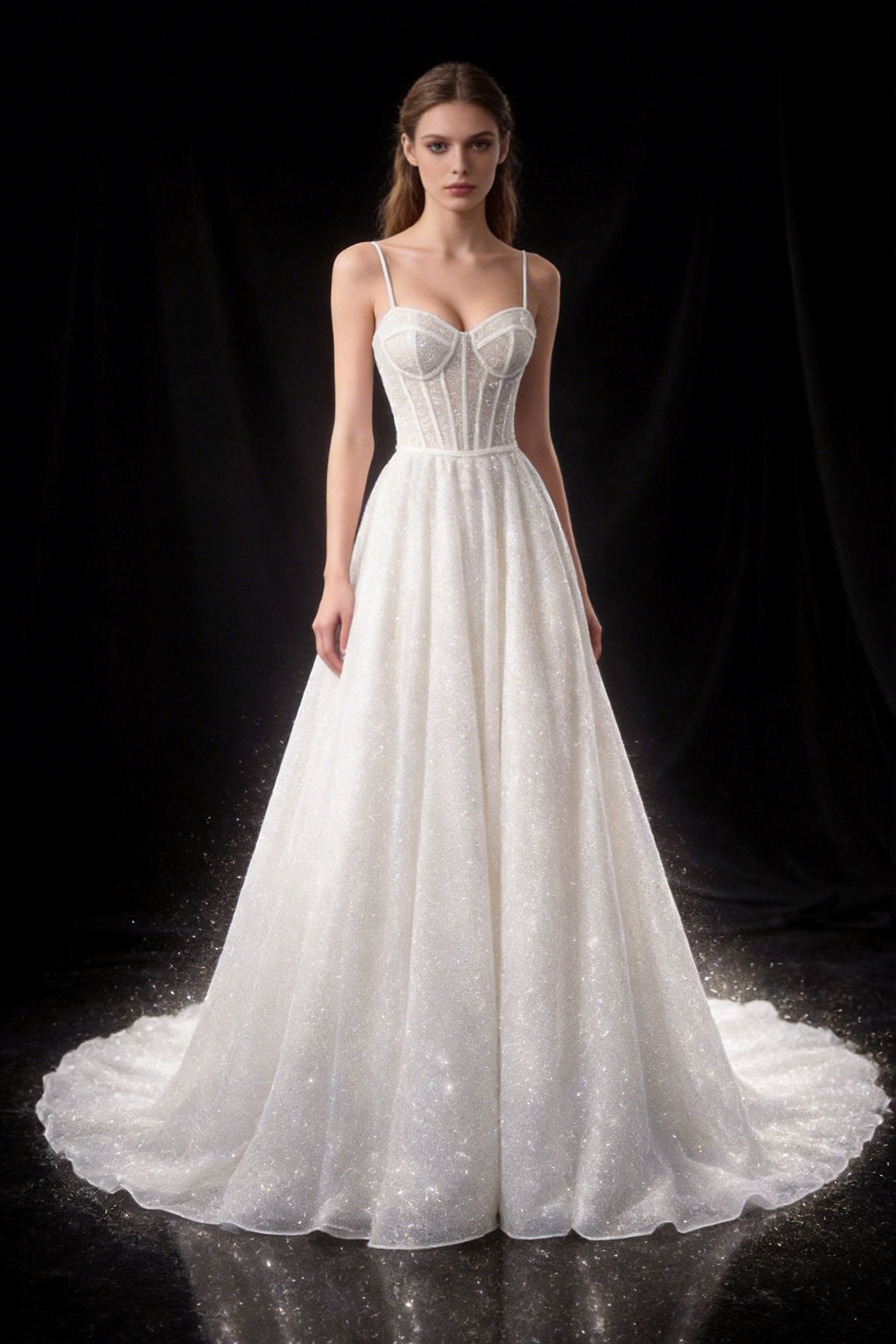 Abito da Sposa Principessa con Corsetto Nude e Strascico – Vestito Elegante in Tulle Glitter 828011
