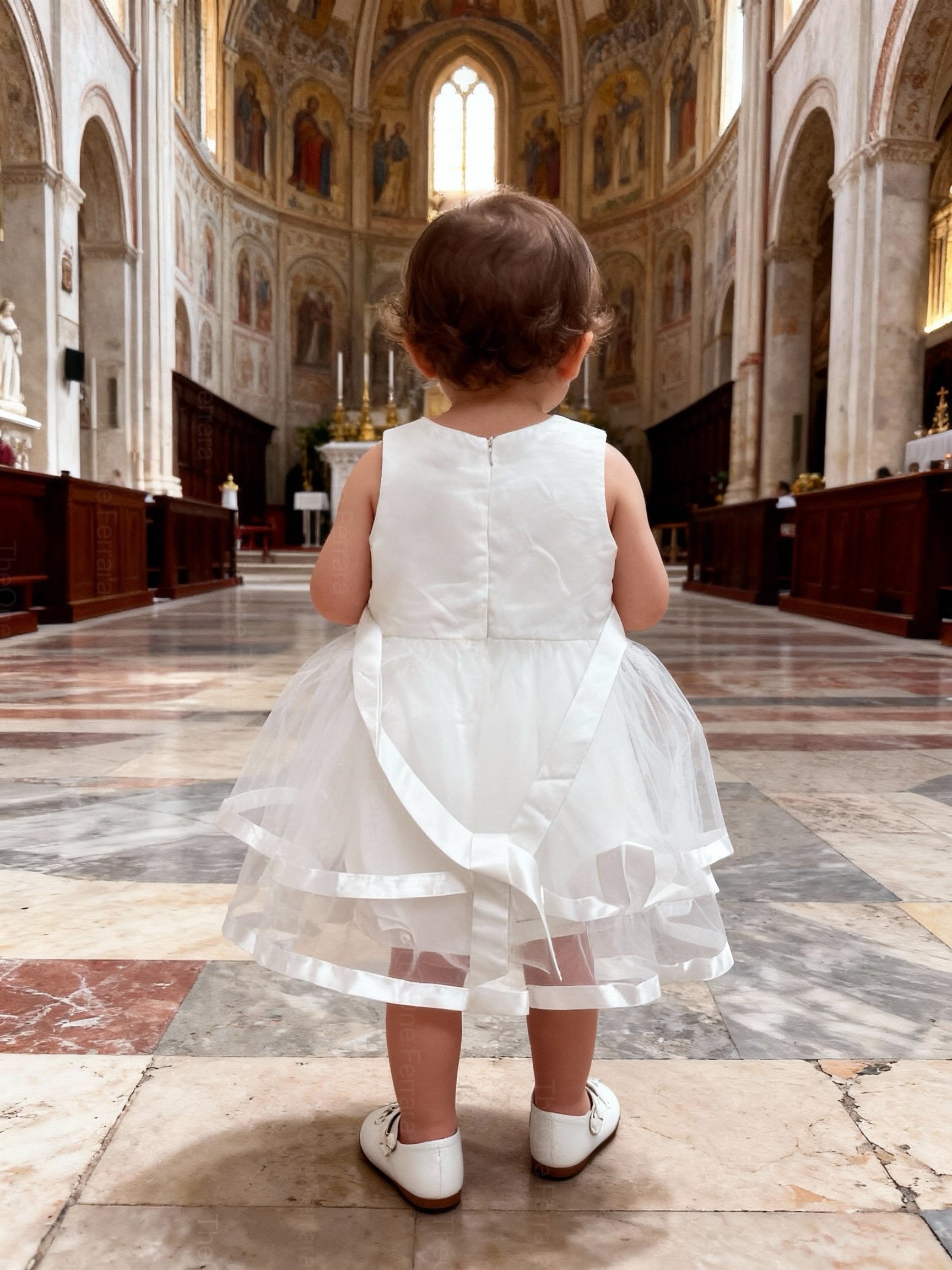 Abito da Battesimo Neonata Bianco 6–36 Mesi – Tulle a Strati con Bordo Satinato e Fiocco | Cerimonia Chiesa 21038