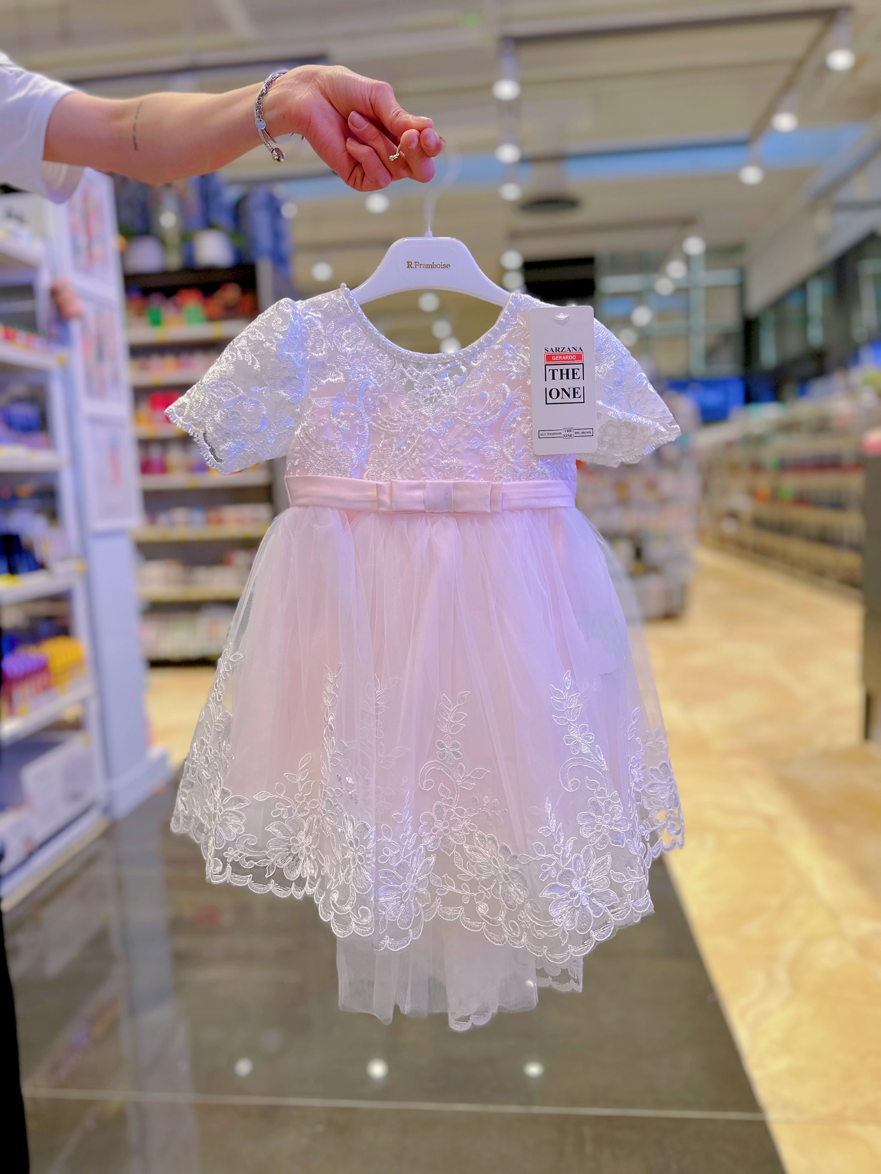 Abito da Cerimonia Bambina Bianco con Pizzo e Fiocco Rosa – Gonna Tulle a Coda di Sirena (6-36 Mesi)-TheOne 3658 Rosa