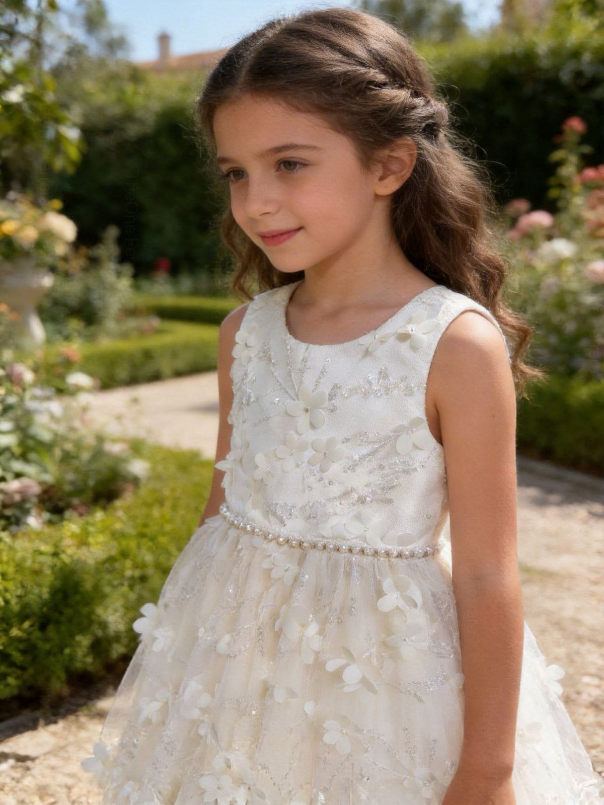 Abito da Cerimonia Bambina 2-12 Anni Elegante – Vestito con Fiori 3D e Gonna in Tulle per Matrimonio, Battesimo e Compleanno 716