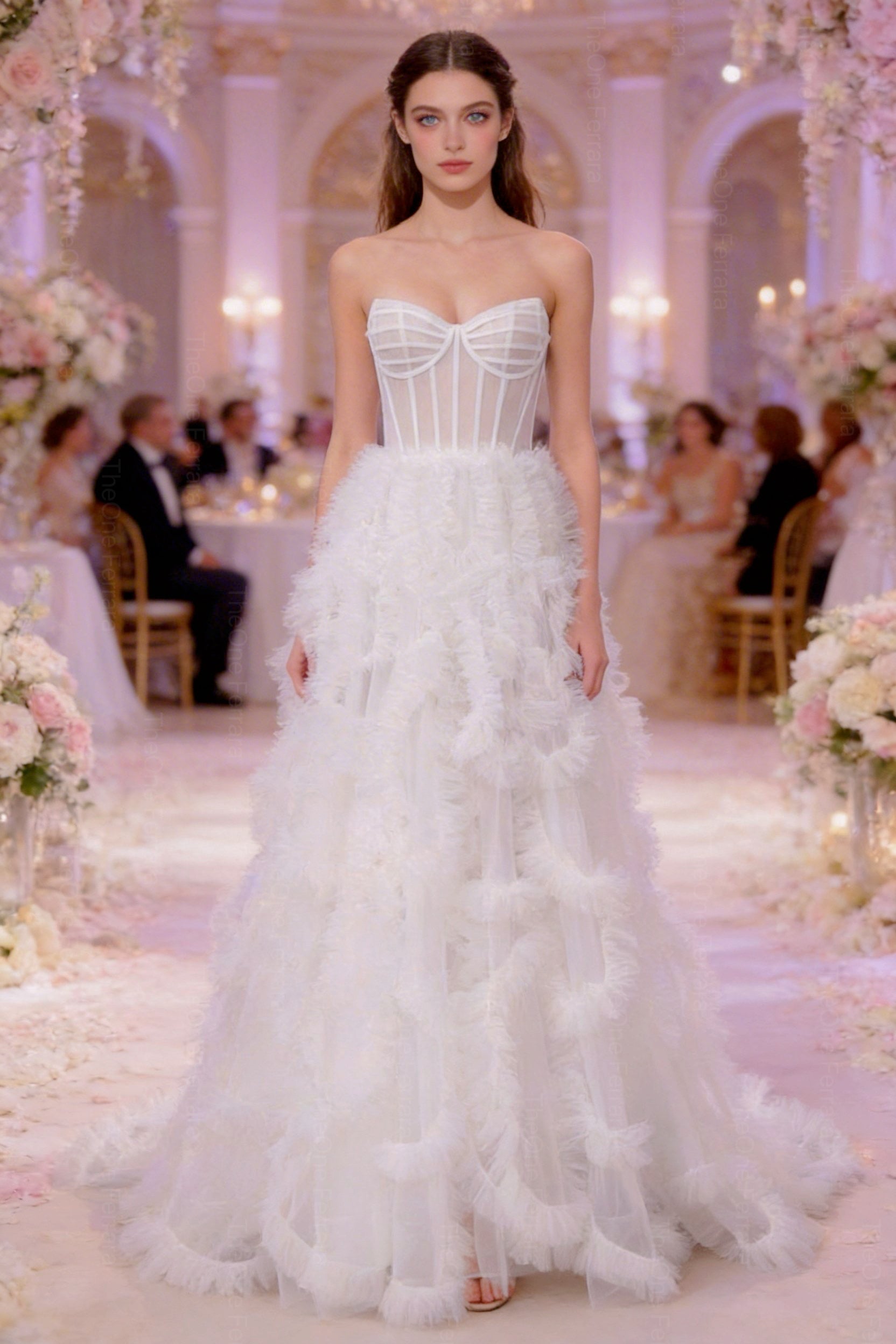 Abito da Sera Bianco con Corsetto e Tulle – Vestito Lungo Elegante Effetto Couture 883008