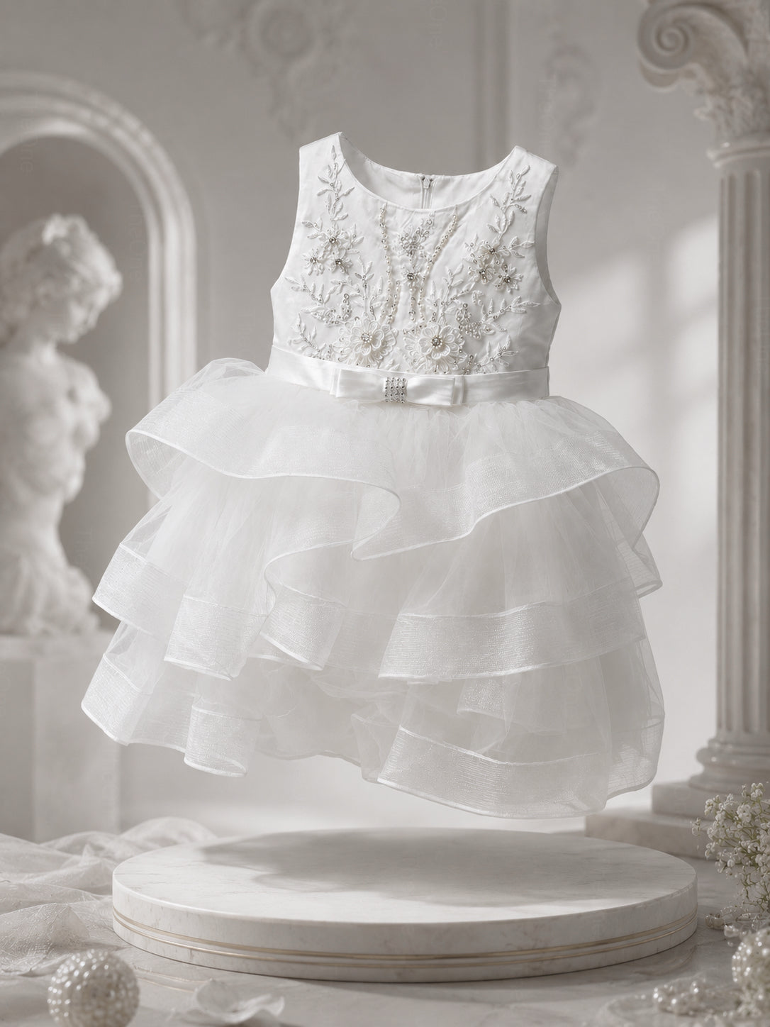 Vestito Cerimonia Bambina Bianco con Ricami e Gonna Volant in Tulle