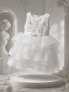 Vestito Cerimonia Bambina Bianco con Ricami e Gonna Volant in Tulle