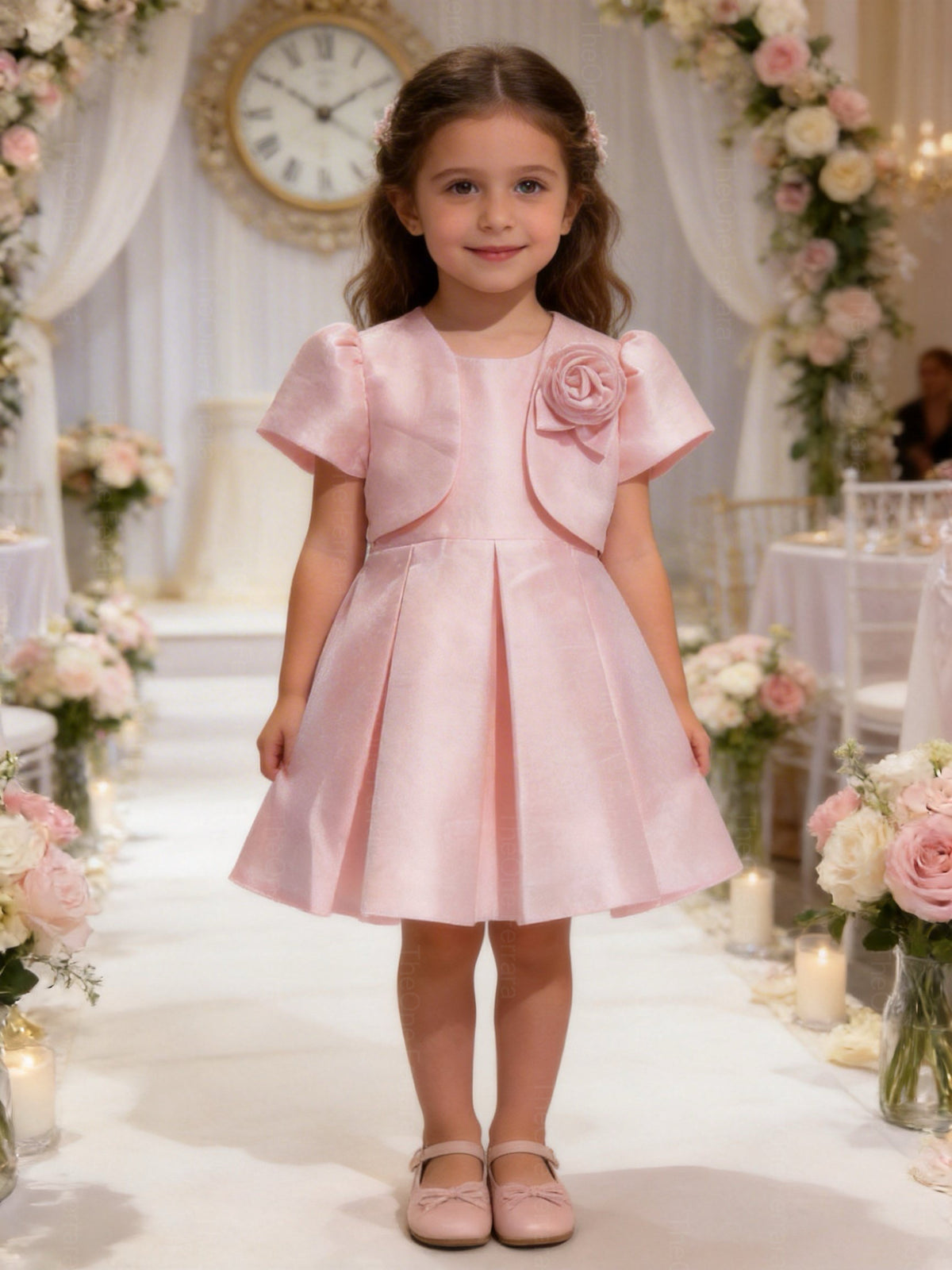 Abito Cerimonia Bambina con Bolero e Fiore – Vestito Elegante Rosa Cipria in Tessuto Strutturato Luminoso per Comunione, Matrimonio e Festa 1-6 anni