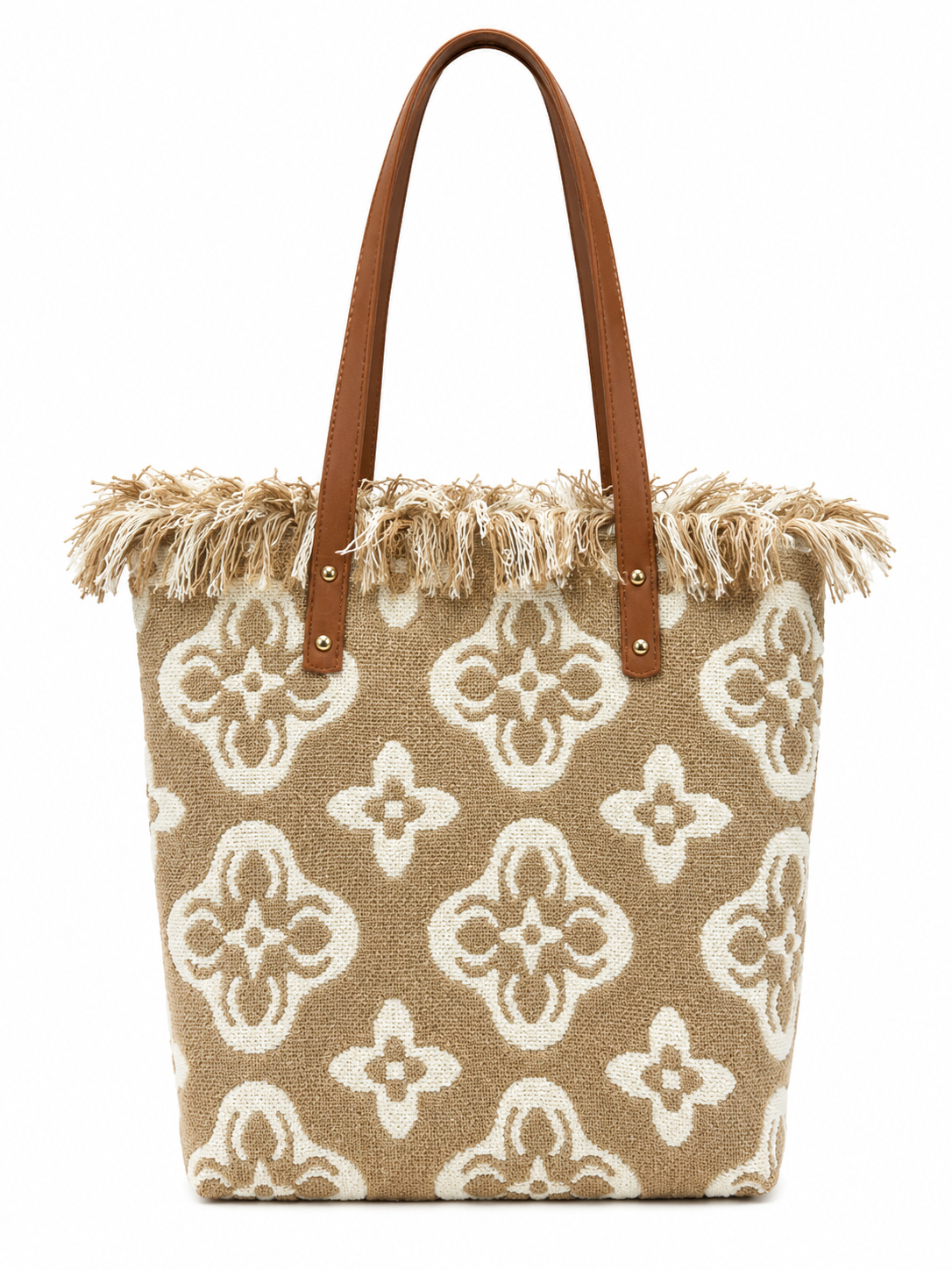 Borsa Shopper Donna in Tessuto Jacquard con Frange – Stile Boho Chic Beige Chiaro L × A × P: 40 × 43 × 17 cm
