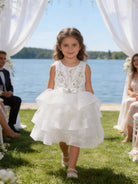 Vestito Cerimonia Bambina Bianco con Ricami e Gonna Volant in Tulle