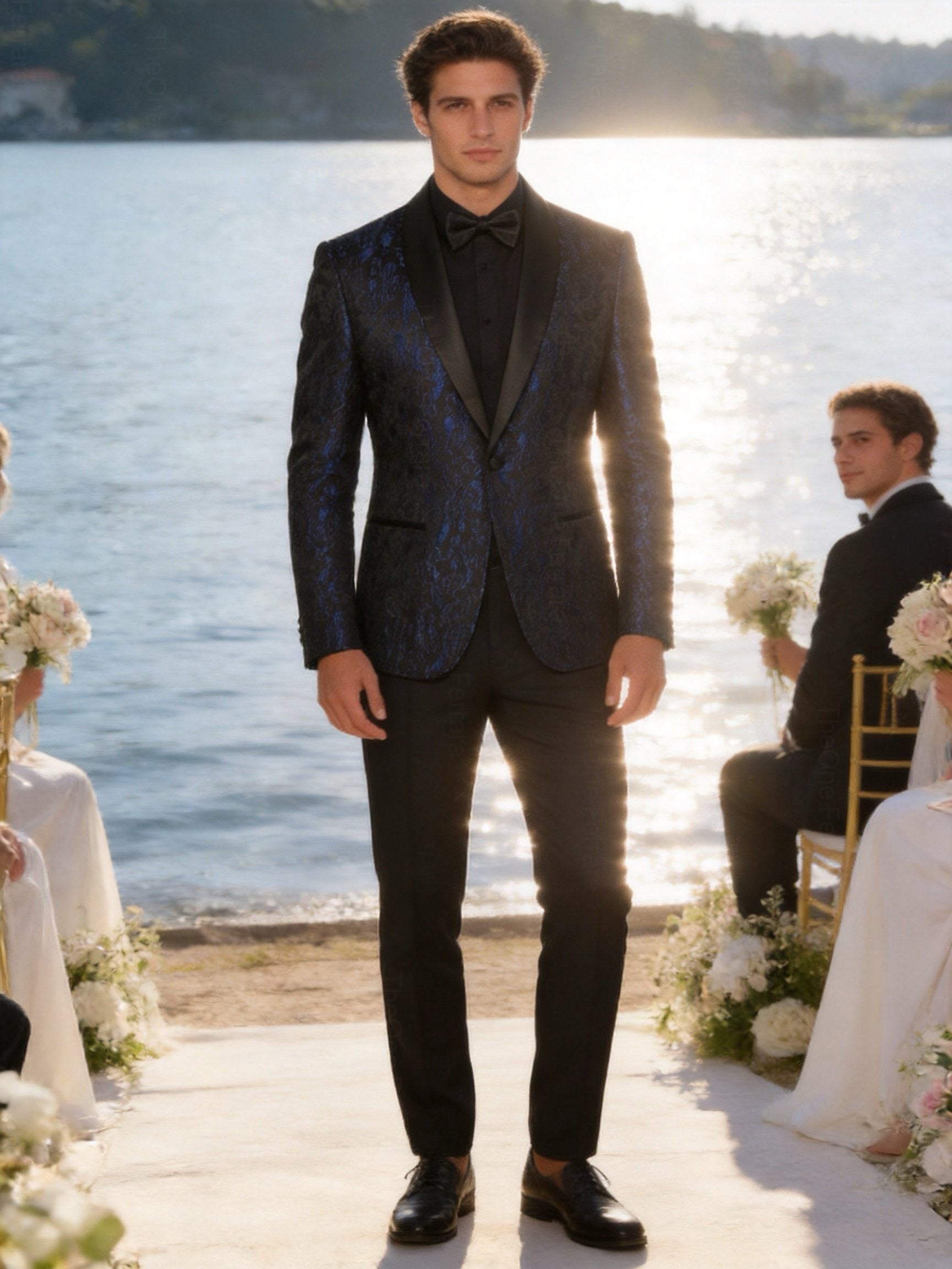 Abito Uomo Cerimonia Slim Fit Blu Jacquard Elegante Smoking Fantasia 2pz