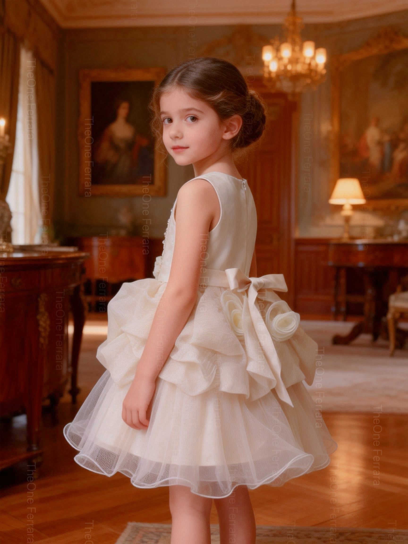 Abito da Cerimonia Bambina Avorio con Pizzo 3D e Maxi Fiori in Organza – Gonna in Tulle 8519